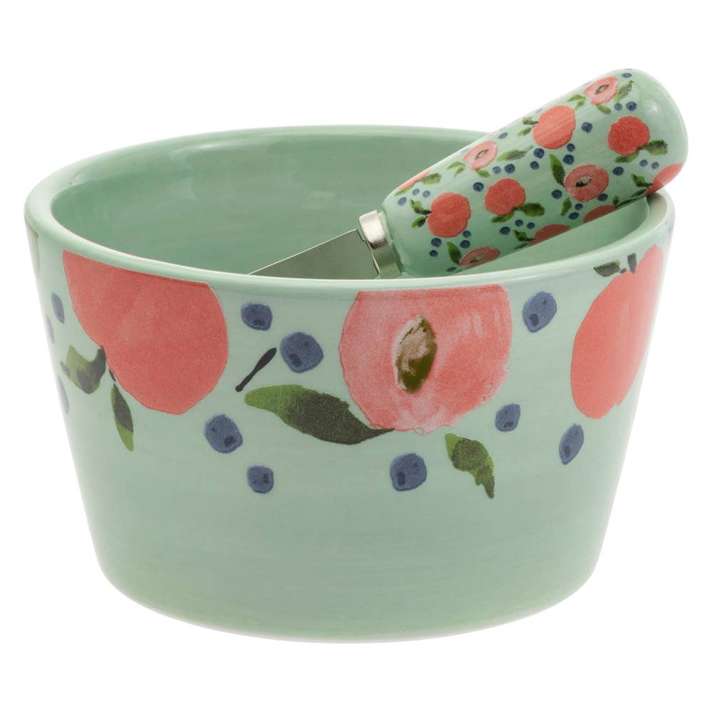 4.75" Dia. Peaches Ceramic Bowl & Metal Spreader